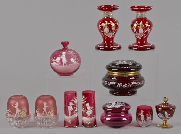 Collection of Mary Gregory enamel ruby glass, tal: Collection of Mary Gregory enamel ruby glass, tallest - 5''.