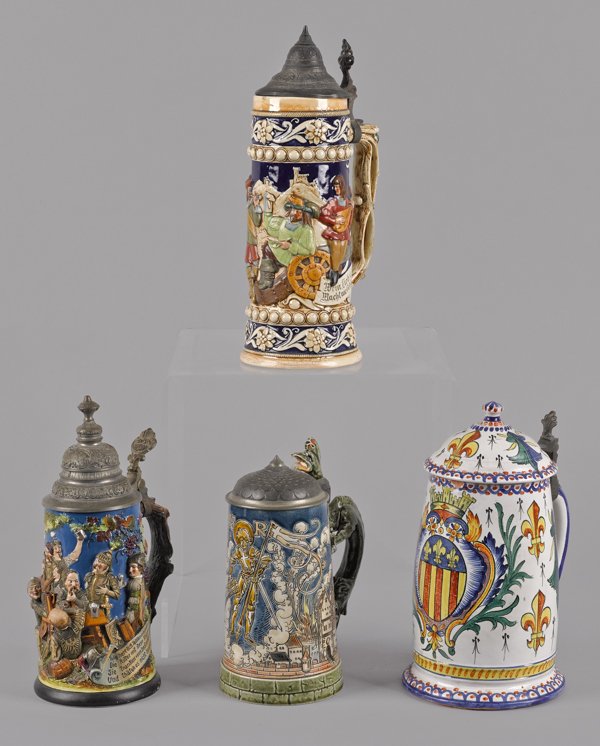 Three German porcelain steins, ca. 1900, together: Three German porcelain steins, ca. 1900, together with a faience stein, tallest - 11 1/2''.
