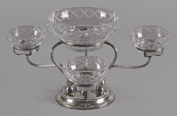 Gorham weighted sterling silver epergne with cut: Gorham weighted sterling silver epergne with cut glass inserts, 9 1/2'' h.