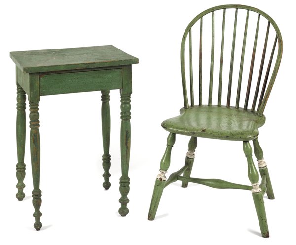 Painted Sheraton one-drawer stand, 19th c., 28 1/: Painted Sheraton one-drawer stand, 19th c., 28 1/2'' h., 20'' w., together with a bowback Windsor, ca. 1790.