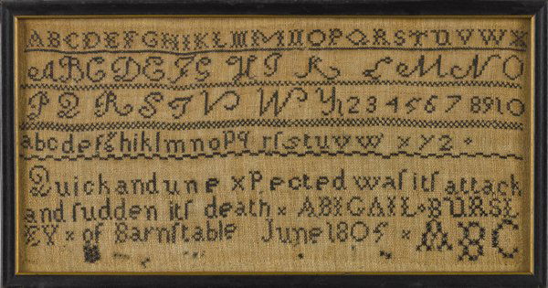 Massachusetts silk on linen sampler, dated 1805: Massachusetts silk on linen sampler, dated 1805, wrought by Abigail Bursley of Barnstable, 6 1/2'' x 13 1/2''.