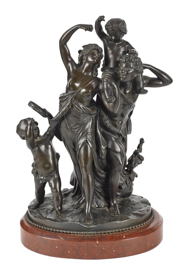 After Michel Claude Clodion, patinated bronze fig: After Michel Claude Clodion, patinated bronze figural group, 14 1/2'' h.