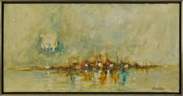 Frank Carmelitano (Spanish/American 1935-2003), o: Frank Carmelitano (Spanish/American 1935-2003), oil on canvas cityscape, signed lower right, 15'' x 30''.