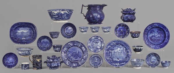 Blue Staffordshire, 19th c., to include a Lafayet: Blue Staffordshire, 19th c., to include a Lafayette at Franklin's tomb pitcher, 7 3/4'' h., a New Post Office London tray, etc.