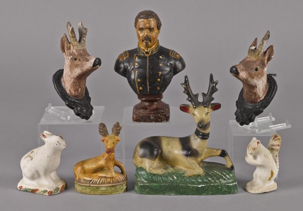 Seven pieces of Pennsylvania chalkware, to includ: Seven pieces of Pennsylvania chalkware, to include a rabbit, a squirrel, a military bust, and four stags, tallest - 9 1/2''.