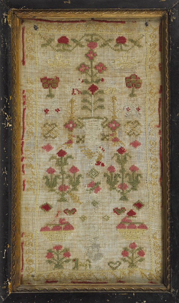 Three silk on linen samplers, 19th c., 8 1/2'' x 8: Three silk on linen samplers, 19th c., 8 1/2'' x 8 1/2'', 8 1/4'' x 6'', and 11'' x 6''.