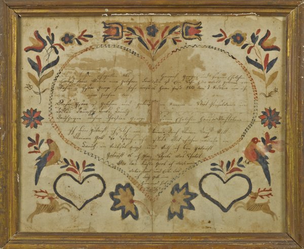 Two Pennsylvania ink and watercolor frakturs, 19t: Two Pennsylvania ink and watercolor frakturs, 19th c., by Kuster and Bauman, 8 1/4'' x 12 1/2'' and 12 1/2'' x 14 3/4''.