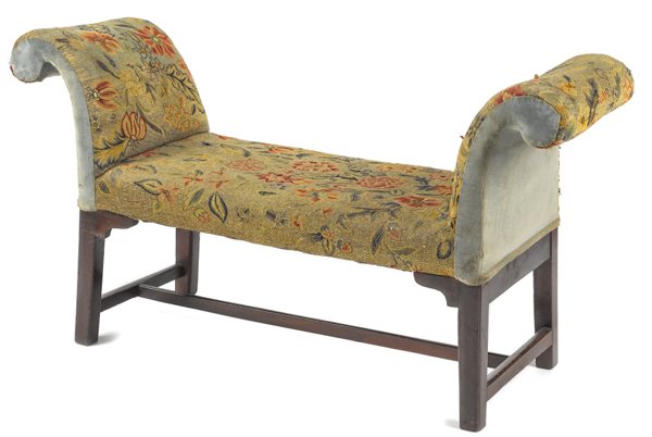 George III mahogany window seat, late 18th c., wi: George III mahogany window seat, late 18th c., with early crewel upholstery, 25'' h., 49'' w.