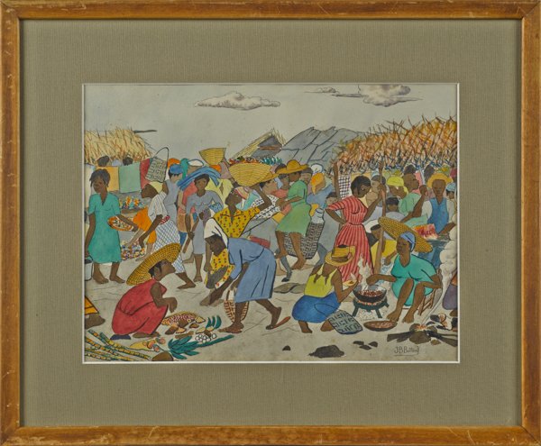 Jean Baptiste Bottex (Haitian 20th c.), watercolo: Jean Baptiste Bottex (Haitian 20th c.), watercolor beach scene, 10 1/2'' x 14 1/2'', together with an oil on board, signed Canute Caliste, 15'' x 17''.