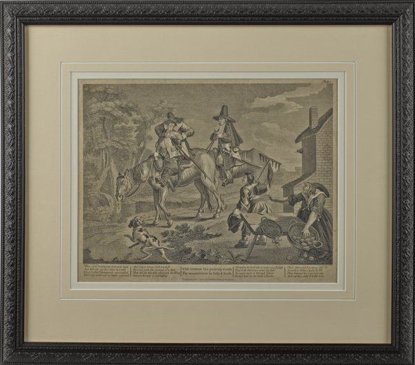Two William Hogarth engravings, 11 1/2'' x 14 3/4'': Two William Hogarth engravings, 11 1/2'' x 14 3/4'' and 9 1/2'' x 13'', together with an early engraving by Mitelli, 10 1/4'' x 7 1/2''.