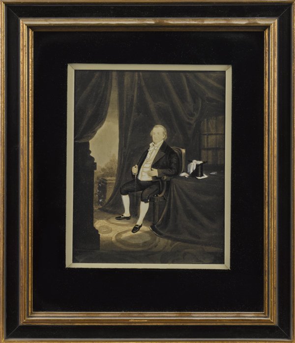 Watercolor and white wash portrait of Peter Allai: Watercolor and white wash portrait of Peter Allaire, 19th c., father of James Allaire, pioneer steam engine manufacturer, 9'' x 7''.