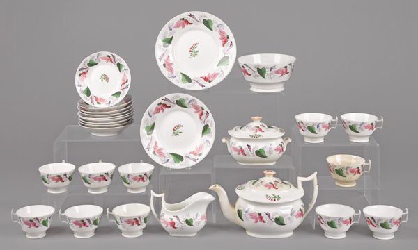 English creamware tea service, 19th c., with flor: English creamware tea service, 19th c., with floral decoration, twenty-seven pcs.