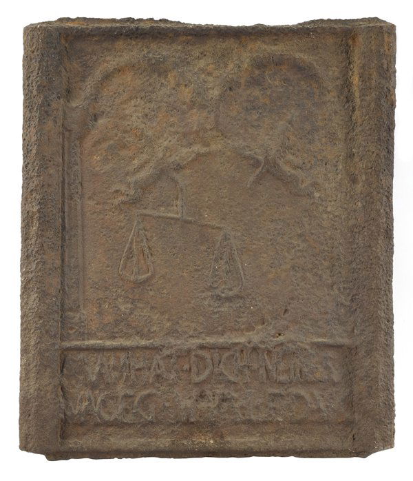 Pennsylvania cast iron The Scales fireback, 18t: Pennsylvania cast iron The Scales fireback, 18th c., 24'' x 20''.