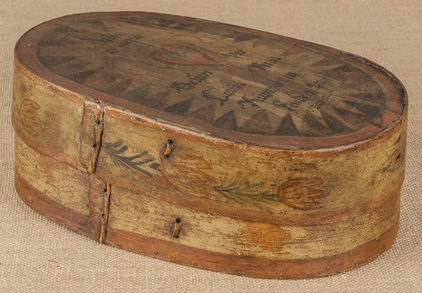 Continental painted bentwood bride's box, 19th c.: Continental painted bentwood bride's box, 19th c., 5'' h., 15 3/4'' w., 9 3/4'' d.