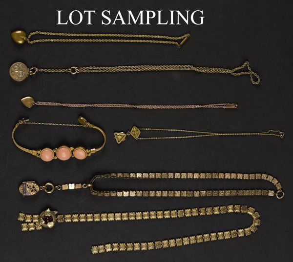 Twelve Victorian gold-filled chains, to include v: Twelve Victorian gold-filled chains, to include various book chains, together with an 18K yellow gold bracelet containing three round coral cabochons, 14.1 dwt bracelet.