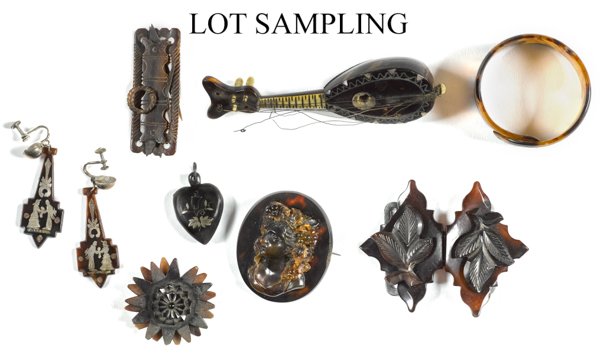Group of tortoise shell and similar items, to inc: Group of tortoise shell and similar items, to include earrings, cameos, a bracelet, a pendant, pins, a buckle, etc.