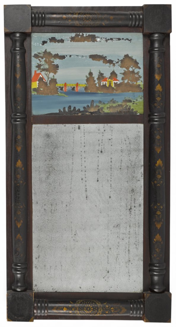 Sheraton stencil decorated mirror, ca. 1830, 33'': Sheraton stencil decorated mirror, ca. 1830, 33'' x 17 1/4''.
