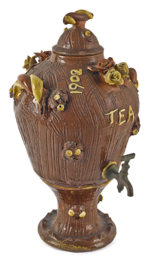 English redware faux bois tea urn, dated 1902,: English redware faux bois tea urn, dated 1902, with applied floral decoration, 17 1/2'' h.