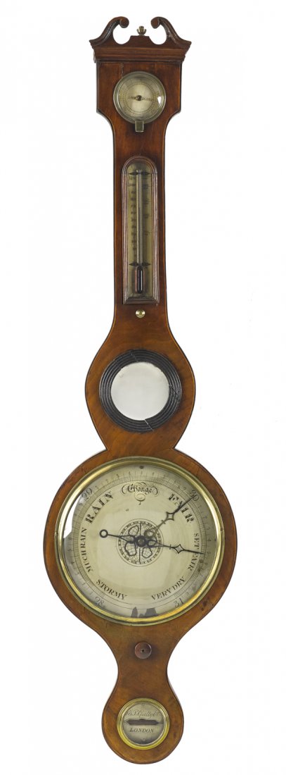 English mahogany banjo barometer, 19th c., signed: English mahogany banjo barometer, 19th c., signed Gally & Co. London, 38'' h.