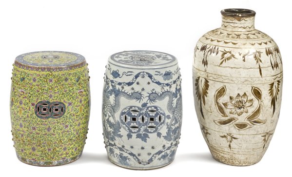 Two Chinese porcelain garden seats, together with: Two Chinese porcelain garden seats, together with a large water jar.