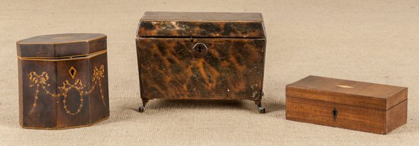 Faux tortoise shell painted tea caddy, ca. 1830,: Faux tortoise shell painted tea caddy, ca. 1830, 5 1/4'' h., 7 1/2'' w., together with two Hepplewhite style boxes.