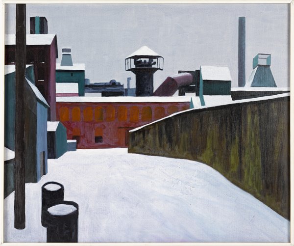 Klaus Grutzka (American 1923-2011), oil on canvas: Klaus Grutzka (American 1923-2011), oil on canvas industrial winter landscape, depicting the Reading Foundry, signed lower left, 30'' x 36''.