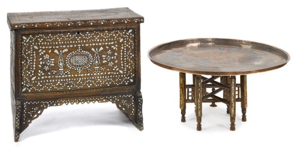 Moroccan inlaid coffer, 25 1/2'' h., 28'' w., toget: Moroccan inlaid coffer, 25 1/2'' h., 28'' w., together with a copper tray table, 16'' h., 31'' w.