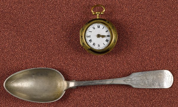 Triple cased English keywind pocket watch, inscri: Triple cased English keywind pocket watch, inscribed Pe Dutens, London 804,18th c., together with a silver tablespoon.