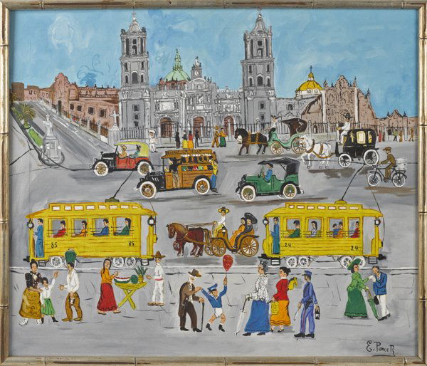 Oil on canvas street scene, signed E. Ponce, 23: Oil on canvas street scene, signed E. Ponce, 23 1/2'' x 27 1/2'', together with a mixed media abstract, 21'' x 16 1/2''.
