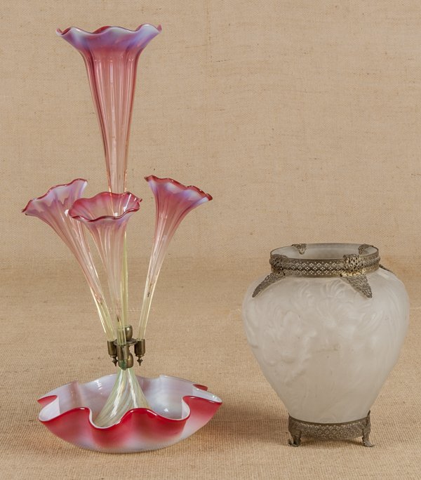 Victorian glass epergne, 19 1/2'' h., together wit: Victorian glass epergne, 19 1/2'' h., together with a frosted glass vase, 9'' h.