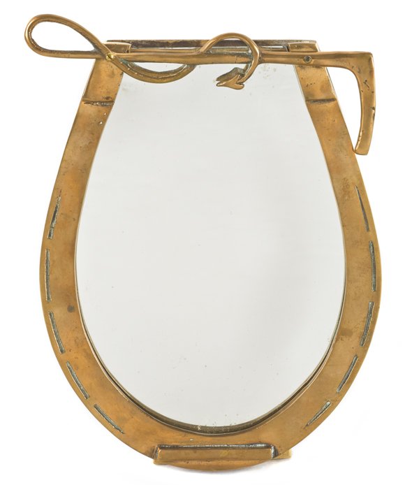 Bronze horseshoe dressing mirror, 12 1/4'' h.: Bronze horseshoe dressing mirror, 12 1/4'' h.