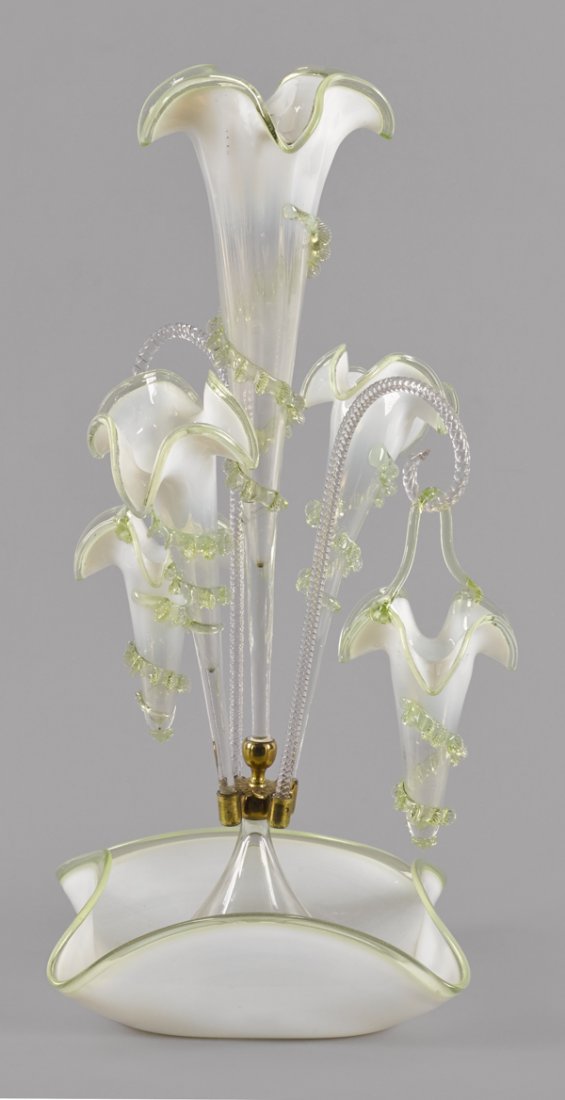 Victorian opalescent and vaseline glass epergne,: Victorian opalescent and vaseline glass epergne, 21'' h.