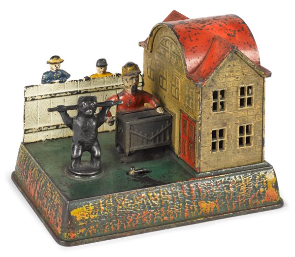 Cast iron organ grinder and dancing bear: Cast iron organ grinder and dancing bear mechanical bank, manufactured by Keyser & Rex, 5 1/4'' h.