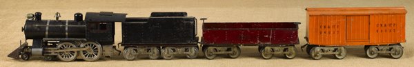 Lionel standard gauge four-piece train set, to in: Lionel standard gauge four-piece train set, to include a steam type Engine and Tender, a Lake Shore Gondola, and a #98237 Boxcar.