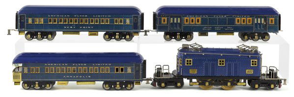 American Flyer wide gauge four-piece 1927 Preside: American Flyer wide gauge four-piece 1927 President's Edition train set, to include a #4687 Engine, an Annapolis Observation car, a West Point Passenger car, and a United States Mail car, together wit