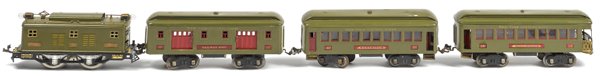 Lionel standard gauge four-piece train set, to in: Lionel standard gauge four-piece train set, to include a #8E Engine, a #332 Railway Mail car, a #337 Pullman car, and a #338 Observation car.