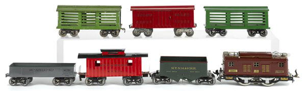 Lionel standard gauge seven-piece train set, to i: Lionel standard gauge seven-piece train set, to include a #8 Engine, two Cattle cars, a Gondola, a Boxcar, a Coal car, and a Caboose.