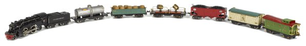 Lionel standard gauge eight-piece train set, to i: Lionel standard gauge eight-piece train set, to include a #1835e Engine, a #1835w Tender, a #520 Searchlight car, a #516 Hopper, a #515 Tanker, a #514 Boxcar, a #512 Gondola, and a #517 Caboose.