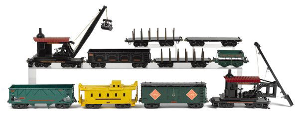 Ten reproduction Buddy L outdoor train cars, to i: Ten reproduction Buddy L outdoor train cars, to include a Dredge, three flat bed Lumber cars, a Pile Driver, a shallow Dump car, a Boxcar, a Gondola, a Coal car, and a Caboose.