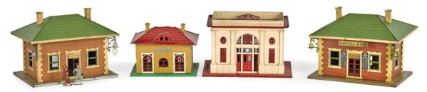 Four Lionel train stations, to include Lionel Ci: Four Lionel train stations, to include Lionel City, 10'' h., 13 1/2'' w., #117 Lionel City station, 8 1/2'' h., 13 1/2'' w., Lionel City Waiting Room, 10 1/2'' h., 14'' w., and #136 Lionelville statio
