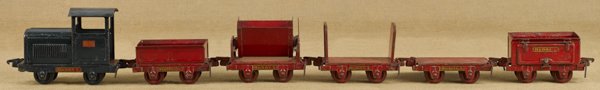 Buddy L pressed steel Industrial six-piece train: Buddy L pressed steel Industrial six-piece train set, with a BL-16 Engine.