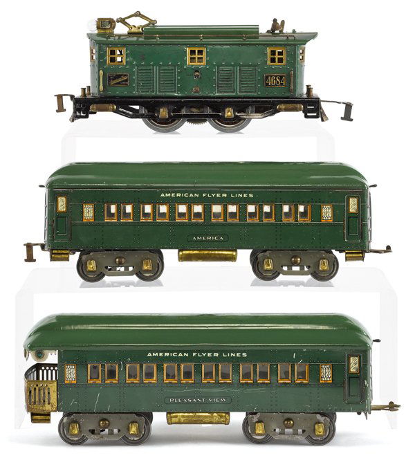 American Flyer standard gauge three-piece train s: American Flyer standard gauge three-piece train set, to include a #4684 Engine, an America Passenger car, and a Pleasant View Passenger car.