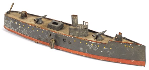 Lehmann tin wind-up Taku battleship, 9 1/2'' l.: Lehmann tin wind-up Taku battleship, 9 1/2'' l.