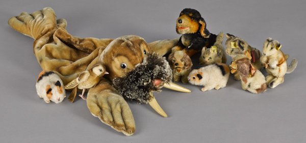 Collection of ten Steiff animals, to include cats, dogs: Collection of ten Steiff animals, to include cats, dogs, gerbils, a walrus, etc., longest - 27 1/2".