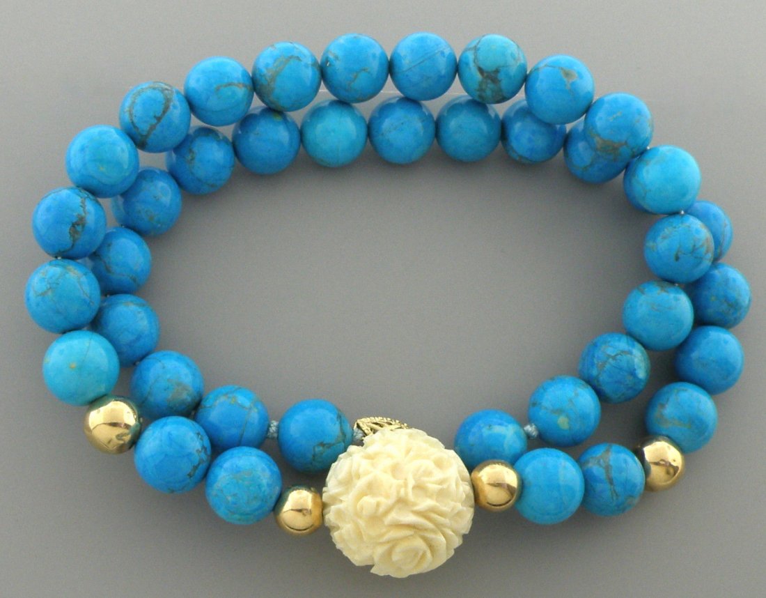 VINTAGE 14K YELLOW GOLD TURQUOISE STRAND BEAD NECKLACE (1 of 2)