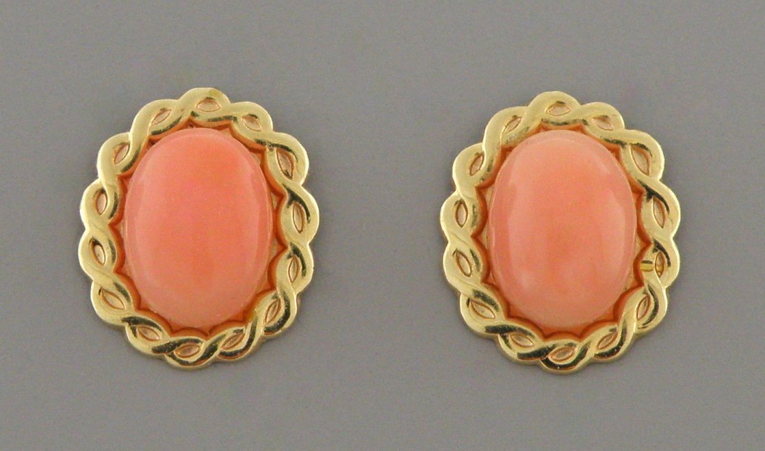 14K YELLOW GOLD PINK CORAL LADIES STUD EARRINGS (1 of 2)