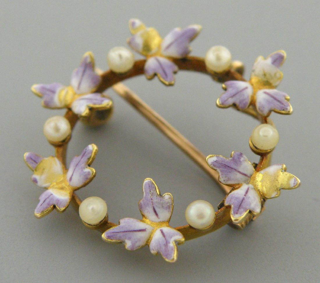 VINTAGE 14K YELLOW PEARL & ENAMEL FLOWER WREATH BROOCH (1 of 2)