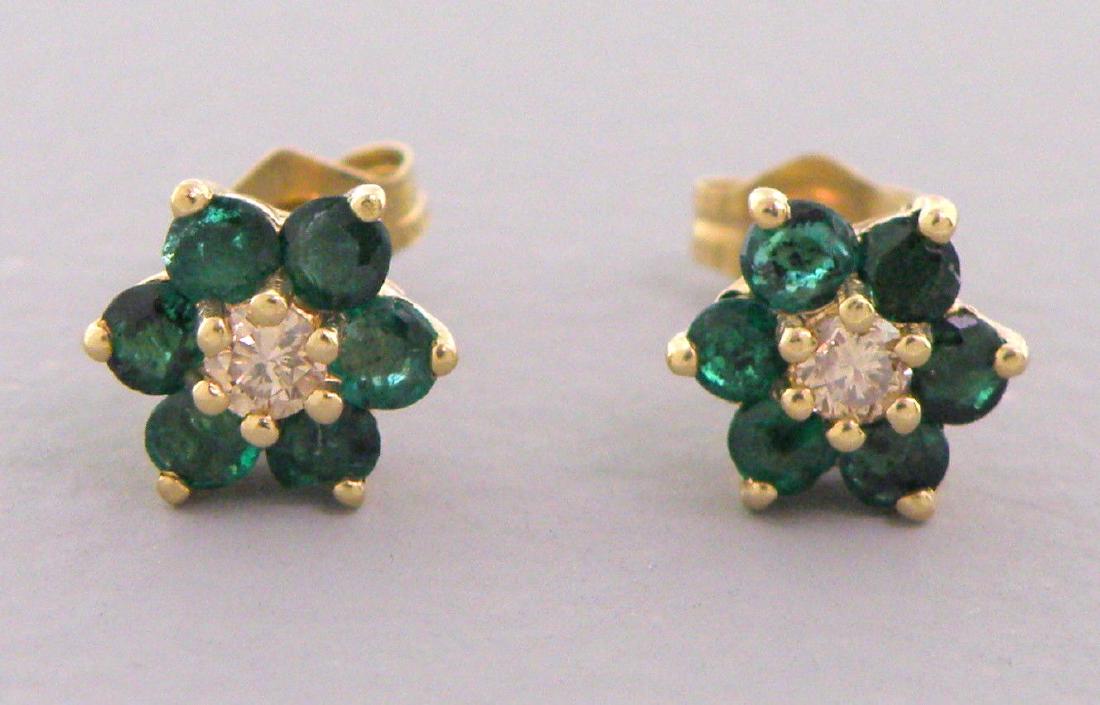 14K YELLOW GOLD DIAMOND & EMERALD FLOWER EARRINGS (1 of 2)