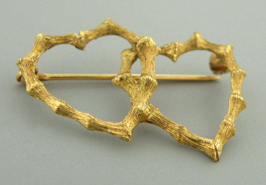 VINTAGE 14K YELLOW GOLD BAMBOO DOUBLE HEART BROOCH PIN (1 of 2)
