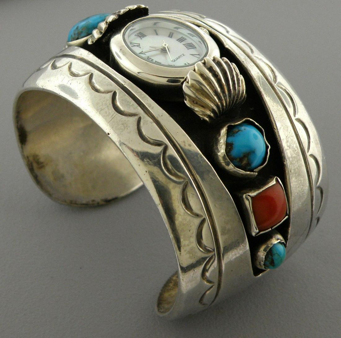 VINTAGE NAVAJO SILVER TURQUOISE CORAL CUFF BANGLE WATCH (1 of 2)